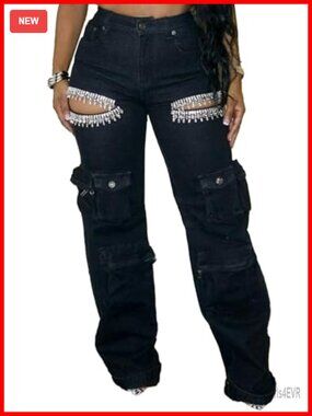 Wide Leg Cargo Jeans High Waisted Ripped Rhinestones Denim Pants